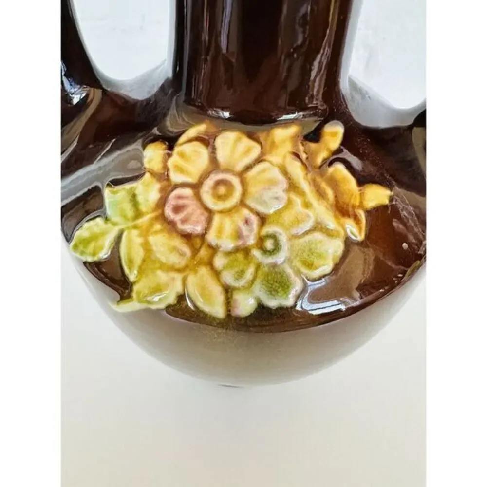 Antique Double Handled Glazed Vase with Floral Design Peters And Reed See Photos